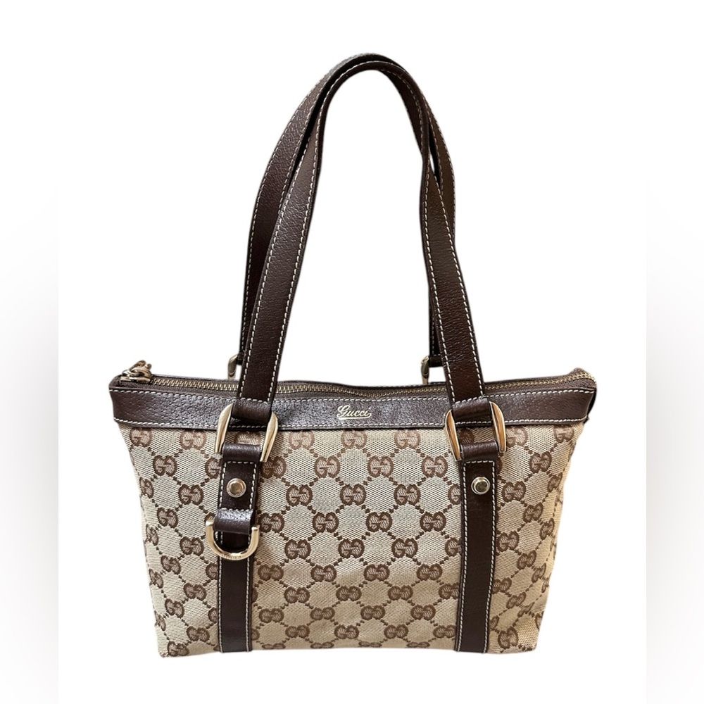 GUCCI Abbey GG Vintage Canvas Tote Bag Brown Leather Trim